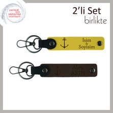 Tekne Turları Sonrası Verilecek Sevimli Anı, Çıpa Figürlü Kişisel Deri Anahtarlık, Sarı-Koyu Kahve