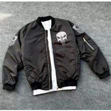 Unisex Uzun Kol Kuru Kafa Baskılı Bomber Ceket - Siyah