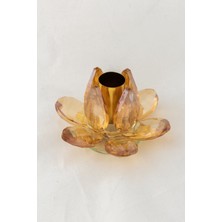 Kehribar Kristal Lotus Cam Mumluk Şamdan – Tekli, Ince Mum Uyumlu, Şık Masaüstü Dekor (Altın Ton)