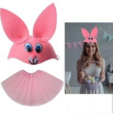 Tavşan Kostümü Pembe - 23 Nisan Tavşan Şapka ve Tütü Etek Seti 2 Parça