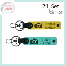 Kameraya Gülümseyen Aşka, Fotoğraf Makinesi Desenli, Kişiye Özel Anahtarlık Seti, Sarı-Turkuaz