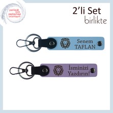 Kaplan Motifli Minimalist Armağan, Sevgiliye Uygun Kişisel Deri Anahtarlık Set, Gök Mavi-Mor Menekşe