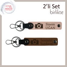 Sanatla Harmanlanan Armağan, Kamera Desenli, Isme Yazılabilir Anahtarlık Seti, Yavru Ağzı-Açık Kahve