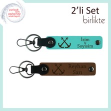 Teknede Geçen Zamanları Temsil Eden Anahtarlık, Kişisel Çapa Motifli Deri Set, Turkuaz-Açık Kahve