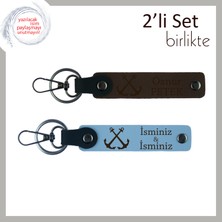 Isim Yazılabilir ve Denizcilik Temalı Deri Anahtarlık, Çapa Motifli 2’li Set, Koyu Kahve-Gök Mavi