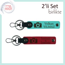 Anı Yakalayan Kalplere, Kamera Desenli, Kişisel Isimli Anahtarlık Seti, Turkuaz-Kırmızı