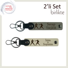 Boksun Ruhu Üzerinde, Yumruk Motifli, Isme Özel Deri Anahtarlık Takımı, Kül Gri-Sütlü Kahve