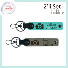 Kamera Temalı Deri Anahtarlık, Fotoğrafçılara Kişisel 2’li Hediye Seçeneği, Turkuaz-Kül Gri