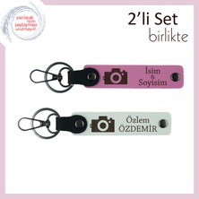 Her Kareye Değer Kat, Kamera Motifli, Kişisel Yazılı Deri Anahtarlık Hediyesi, Pembe-Beyaz