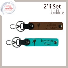 Kız Sporcuya Uygun Cesaret Temalı Hediyelik, 2’li Deri Anahtarlık Takımı, Açık Kahve-Koyu Turkuaz