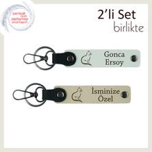 Minnoş Sevgini Simgele, Kedi Temalı, Isme Özel Deri Anahtarlık Takımı, Beyaz-Sütlü Kahve