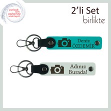 Sevgi Pozunu Yakala, Kamera Temalı Kişisel 2’li Anahtarlık Hediye Seti, Koyu Turkuaz-Beyaz