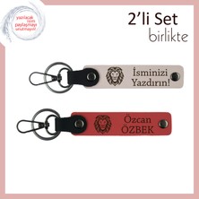 Aslan Desenli Isim Yazılı Deri Anahtarlık, Erkek Sevgiliye Cesaret Temalı Kalıcı Set, Pudra-Nar