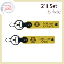 Kaplan Temalı Erkek Sevgiliye Karizmatik Hediye, Kişisel Deri Anahtarlık Set, Sarı-Sarı