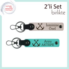 Denizaltı Seven Kardeşe Sevimli Hediye, Çapa Temalı 2’li Deri Anahtarlık Set, Pudra-Turkuaz