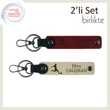 Futbolcu Ruhunu Taşıyan Erkek Sevgiliye Özel Isimli Anahtarlık Set, Bordo-Sütlü Kahve