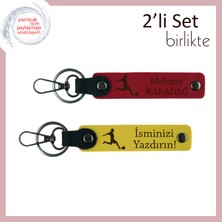 Futbol Temalı Sporcu Öğrenciye Anlamlı Hediye, Kişisel Isim Yazılı Deri Anahtarlık Set, Kırmızı-Sarı