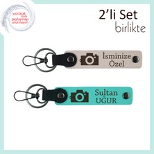 Karelerle Anlatılan Sevgi, Kamera Temalı, Isme Özel 2’li Anahtarlık Hediyesi, Pudra-Turkuaz