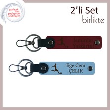 Futbol Aşığı Gence Uygun Kişisel Isimli 2’li Deri Anahtarlık Set, Bordo-Gök Mavi