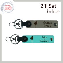 Erkek Arkadaşa Dövüş Sporları Figürlü Anahtarlık, Yazı Isim Eklenebilir 2’li Takım, Kül Gri-Turkuaz