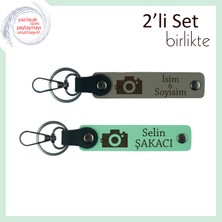 Anı Peşindeki Eşe Hediye, Kamera Desenli Kişisel 2’li Anahtarlık Takımı, Kül Gri-Açık Yeşil