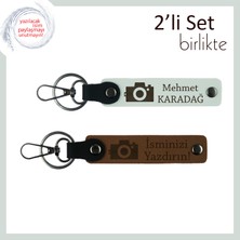 Fotoğraf Temalı Erkek Sevgiliye Tarz Deri Anahtarlık, Kalıcı Yazı Eklenebilir Set, Beyaz-Açık Kahve