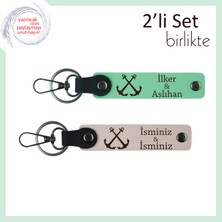 Yelken ve Deniz Aşkıyla Hazırlanmış Isimli Anahtarlık, Çapa Motifli Kişisel Deri Set, A Yeşil-Pudra