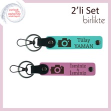 Deklanşör Aşıkları Için Hediye, Kamera Temalı, Kişisel 2’li Anahtarlık Seti, Turkuaz-Pembe