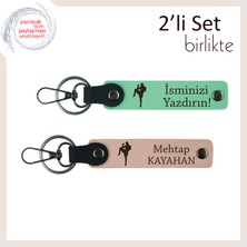 Savunma Sanatları Figürlü Deri Anahtarlık, Erkek Tarzına Hitap Eden Hediyelik, Açık Yeşil-Yavru Ağzı