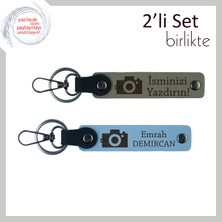 Aşkı Her Karede Taşı, Kamera Desenli Kişisel Isimli 2’li Anahtarlık Takımı, Kül Gri-Gök Mavi