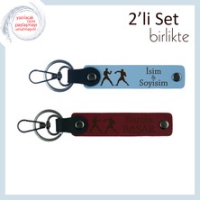 Ring Ruhuyla Tasarlanmış, Combat Figürlü, Isme Özel Yazılabilir Deri Anahtarlık, Gök Mavi-Bordo