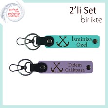 Tekne Turları Seven Yakına Kalıcı Hatıra, Çıpa Desenli Deri Anahtarlık, Turkuaz-Mor Menekşe