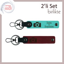 Sevdiğinle Her Kareye Iz Bırak, Kamera Desenli, Kişisel Anahtarlık Seti, Turkuaz-Bordo