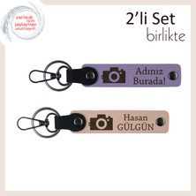 Fotoğraf Sanatçılarına Uygun Hediye, Kamera Desenli Isimli 2’li Anahtarlık, Mor Menekşe-Yavru Ağzı