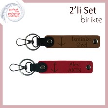 Çıpa Desenli Isme Özel 2’li Deri Anahtarlık, Denizcilik Figürlü Hediyelik , Açık Kahve-Kırmızı