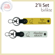 Patisiyle Kalbinde Yaşayanlara, Kedili, Kişisel Yazılı Deri Anahtarlık, Sarı-Beyaz