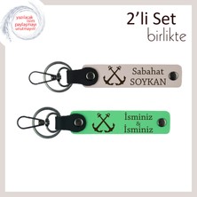 Gemici Motifiyle Donatılmış Deri Anahtarlık, Denizcilik Temalı 2’li Hatıra Seti, Pudra-Fıstık Yeşil