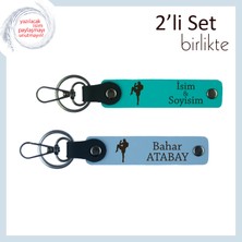 Boks Figürlü Seçkin Armağan, Erkek Sevgiliye Kalıcı Isim Deri Anahtarlık Seti, Koyu Turkuaz-Gök Mavi