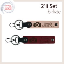Her Anıyı Anahtarlığında Taşı, Kamera Motifli, Isme Yazılı 2’li Deri Anahtarlık, Yavru Ağzı-Bordo