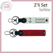 Kaptan Sevgiliye Uygun Hediye, Gemici Çapası Motifli Deri 2’li Anahtarlık Seti, Beyaz-Kırmızı