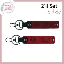 Cesur Ruhlara Özel Tasarım, Aslan Motifli 2’li Deri Anahtarlık Hediyelik, Isim Yazılı, Bordo-Kırmızı