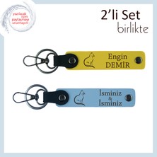 Miyavlayan Anılar Için, Kedi Figürlü, Kişiselleştirilebilir Isimli Deri Anahtarlık Seti, Sarı-G Mavi