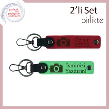 Sevdiğinle Anılar Biriktir, Kişiye Özel Isimli Kamera Desenli X2 Anahtarlık Hediye, Kırmızı-F Yeşil