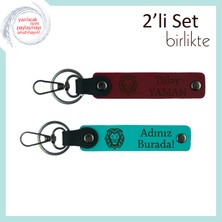 Aslan Figürlü Şık Deri Anahtarlık, Erkek Sevgiliye Güç Temalı 2’li Hediye, Bordo-Koyu Turkuaz