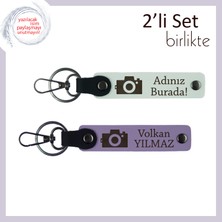 Kız Arkadaşa Fotoğraf Anısı Hediyesi, Deri Tasarım Yazılabilir Anahtarlık Seti, Beyaz-Mor Menekşe
