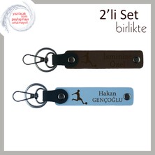 Futbol Temalı Hediyelik Deri Anahtarlık, Kız Kardeşe Kişiye Özel Set, Koyu Kahve-Gök Mavi