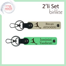 Futbol Temalı Doğum Gününe Uygun Hediye, Erkek Çocuğa Deri Anahtarlık Seti, Sütlü Kahve-Fıstık Yeşil