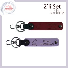 Evcil Dostun Anısına, Kedi Temalı, Kişisel Yazılı Deri Anahtarlık, Bordo-Mor Menekşe