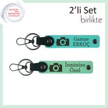 Sanatı Sevenlere Şık Hediyelik, Kamera Desenli, Kişisel Yazılı Anahtarlık Seti, Turkuaz-Açık Yeşil