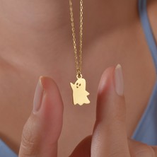 14 Ayar Altın Kaplama Cadılar Bayramı Sevimli Hayalet Gümüş Kolye - CN00466